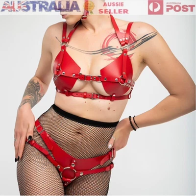 Women Punk Red Body Harness Bra Cage PU Leather Garter Belt SM Clubwear Lingerie • $15.53