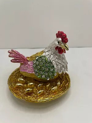 Mother Hen Hatching Eggs Hand Painted Bejeweled Hinged Trinket Jewelry Box • $20