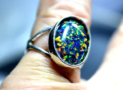 3.68 Ct Aaaa Large Australian Black Opal Lab Created 925 Sterling Silver Ring • $59.99