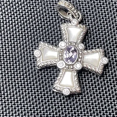 Judith Ripka MOP Shell & Amethyst Maltese Cross Enhancer Sterling Silver Pendant • $95