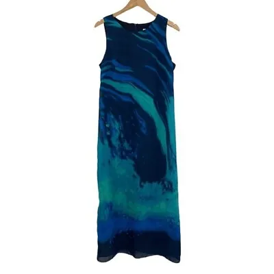 Vintage Mary McFadden Dress Womens 14 Maxi Blue Green Abstract Swirl Sleeveless • $39.99