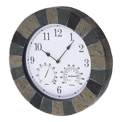 Outdoor Indoor Garden Wall Clock Vintage Stone Station Clocks With Thermometer • £20.95