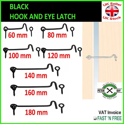 HOOK And EYE BLACK Cabin Latch Lock Shed Gate Door Catch Silent Holder 60-120mm • £1.77