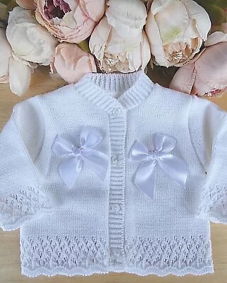 Baby Girl Cardigan White Knitted Crochet Fancy Pattern Bow NB 0 3 6 9 Portuguese • £12.99