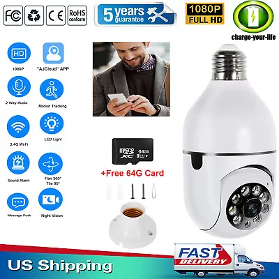 360° 1080P IP E27 Light Bulb Camera Wi-Fi Wireless Smart Home Security IR Night • $9.49