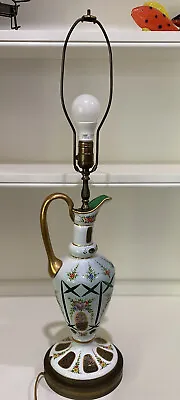 Antique Bohemian Czech Case White Cut To Emerald Green Glass Ewer Table Lamp • $97.95