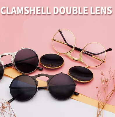 Flip Up Sunglasses Vintage Round Gold Frames Metal Full Rim Punk Eyewear 1960 • $10.99