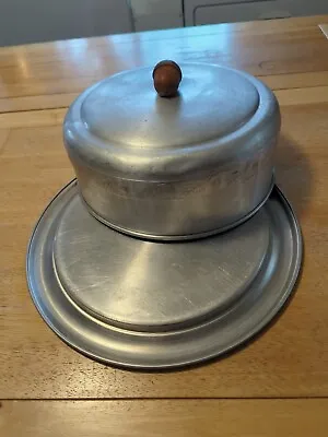 Vintage Aluminum Cake Cover Topper Set With Wooden Acorn Knob Cake Plate.  • $15