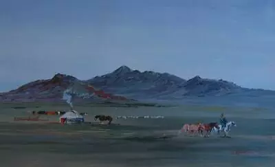 Beautiful Oil On Canvas Landscape Of A Mongolian Mountain Scene By Bat Erdene • $149