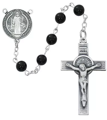 Saint Benedict Black Onxy Bead Rosary Sterling Silver Center And Crucifix 7mm • $239.99