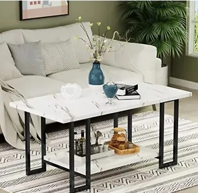 AWQM Marble Coffee Table Faux Marble Top Rectangular Coffee Table With Black... • $50