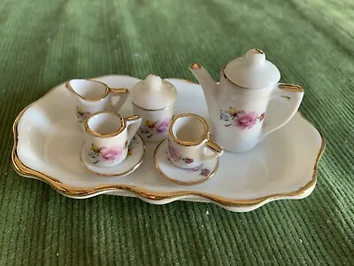 Porcelain VINTAGE Miniature Tea Set Pink Flower Pattern With Gold Accents • $8