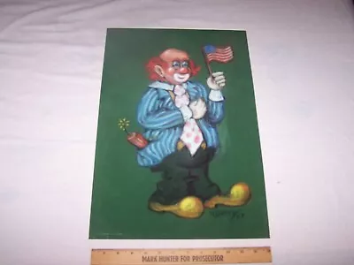 Vintage PATRIOTIC CLOWN W FIRECRACKER FLAG Painting On Velvet Signed R GREEN /87 • $50