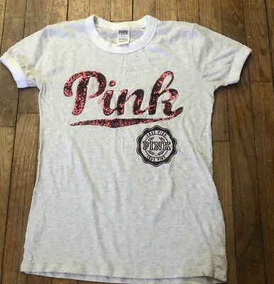 Victorias Secret Pink Small Sequins Shirt Womens Tshirt Crew Burgundy Grey Flaw • $8