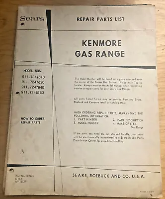 Vintage 1970's Sears Repair Parts List For Kenmore Gas Range Pamphlet/Booklet • $18.95
