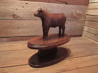 Vintage Wooden BLACK ANGUS BULL Figurine 0n Trophy Stand Country Farm Cow • $149.99
