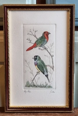 £17.99 • Buy Vintage Handcoloured Etching Of Two Finch Birds Signed In Pencil