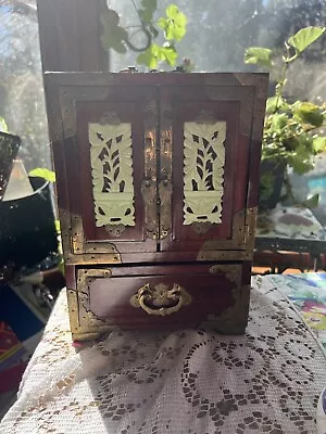 Vintage Chinese Jade Brass Wooden Jewelry Box With Drawers. • $225