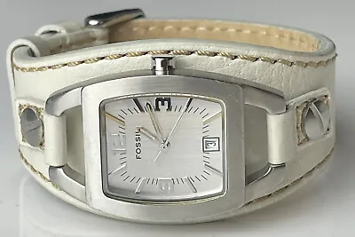 FOSSIL Womens Watch White High Quality Leather Cuff Bracelet 25mm NEEDS BATTERY • $34