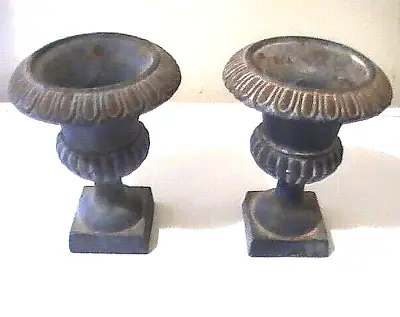 Antique Pair 2 French Victorian Cast Iron Urn Small Miniature 5” Great Patina • $245