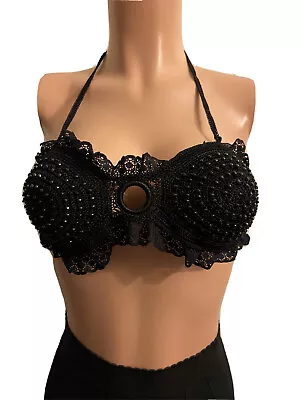 $8 • Buy Black Beaded Crochet Molded Cup Halter Neck Tie Bra Top O/S Y2K Costume Gothic