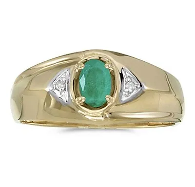 14K Yellow Gold Natural Emerald And Diamond Mens Ring - Free Ring Sizing • $429