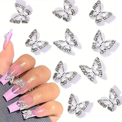10pcsButterfly Nail Charms With Rhinestones3D SILVER Butterfly Gem Accessories • £2.39