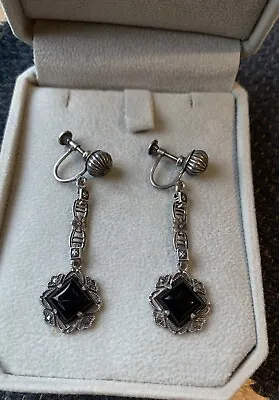 Vintage Art Deco Sterling Silver Onyx & Marcasite Dangle Earrings Screw Back • $85