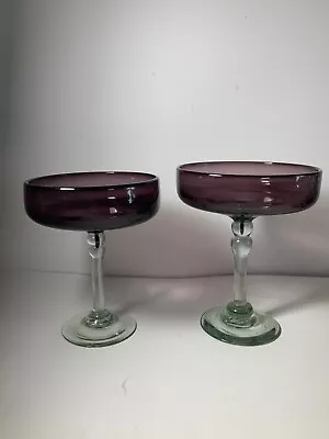 Set Of 2 Mexican Hand Blown Amethyst Glass Margarita Glasses 6.5 In. • $30