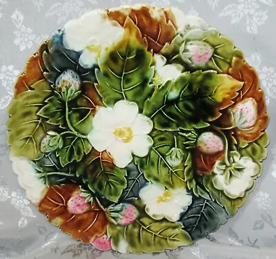  Antique French Majolica  Plate Flower Wild Strawberries Orchies • $125