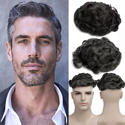 Mens Toupee Real Human Hair Replacement System Hairpiece Lace/Poly PU 30mm Curly • $66.69