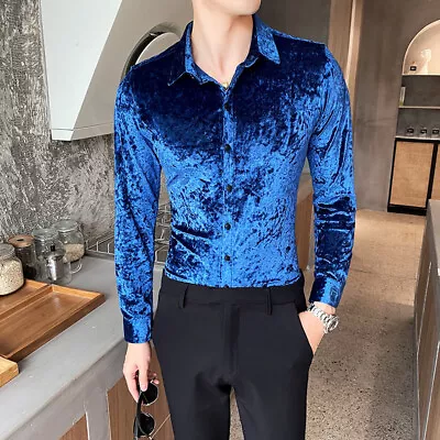 Mens Fashion Velvet Long Sleeve Dress Shirt Casual Buttons Front Tops Plus Size • $36.44