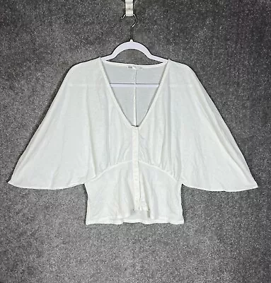 Zara Batwing Sleeve Peplum Hem V-Neck Top Womens Medium White Button Up • $19.99