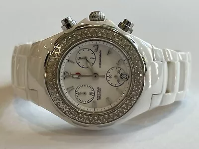 Michele Tahitian Diamond Chronograph White Ceramic 35mm Watch MWW12A000001 • $800