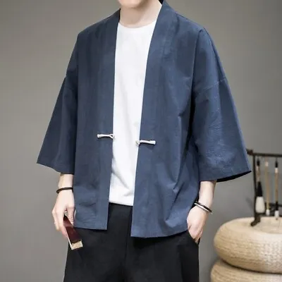 Men Cotton Linen Kimono Cardigan Retro Chinese Jacket Coat Yukata Haori New • £26.39