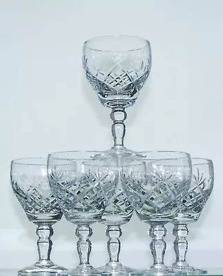 Six BRIERLEY Lead Crystal ELIZABETH Cut Pear Bowl Wine Glasses - 12cm 150ml • £30