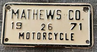 Virginia 1971 MATHEWS COUNTY MOTORCYCLE License Plate # 26 • $44.99