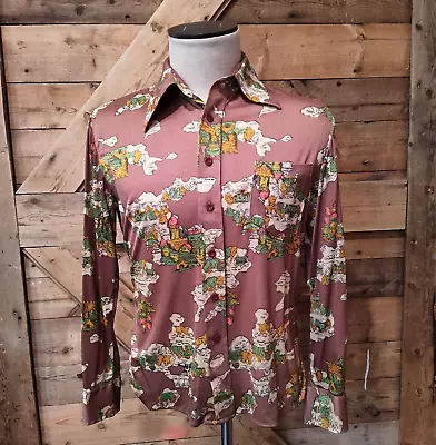 Vintage 70s OLEG CASSINI Polyester Disco Shirt European Castle Print Medium 44  • $29.99