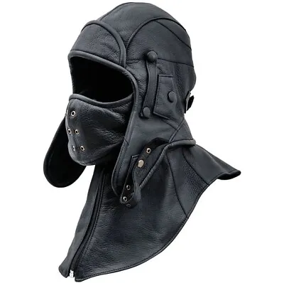Real Leather Aviator Cap Convertible HOOD With Collar And Face Mask 100% Leather • £58.99
