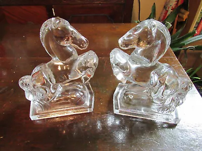 Vintage Fostoria 1940's Rearing Clear Glass Horse Bookends  Set Of 2 • $22.50