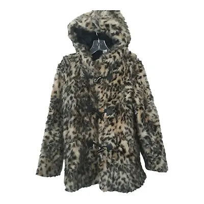 H&M Divided Hooded Faux Fur Jacket Women  6 Brown Tan Pocket Lined Toggle Button • $19.95
