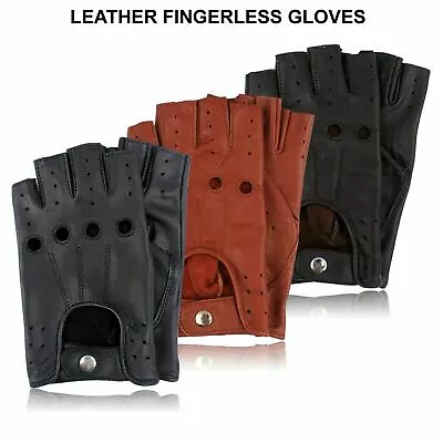 Retro Real Leather Men Fingerless Driving Cycle Gloves Cycling Unlined Chauffeur • £6.49