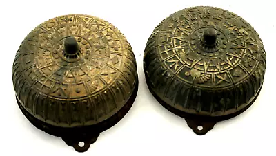 2pc Victorian Deco MCM Round Brass Mechanical Door Bell Parts Embossed Heavy Dty • $119.20