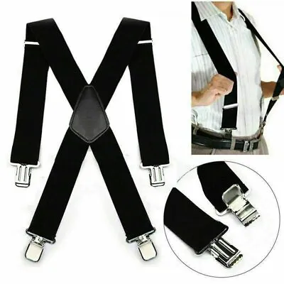 $9.35 • Buy Mens Braces Suspenders Black 50mm X Back Heavy Duty Biker Snowboard Trousers