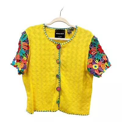 H22 Michael Simon Crochet Floral Short Sleeve  Rainbow Yellow Chevron Artsy Sz L • $99.99