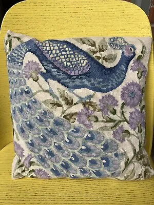 £29 • Buy Lovely Vintage Hand Stitched Needlepoint  Cushion With Peacock Design