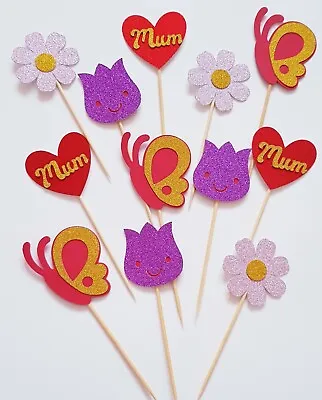 £4.99 • Buy 12 X Mothers Day Glitter Cupcake Toppers Picks Mum Tulip Butterfly Flower 