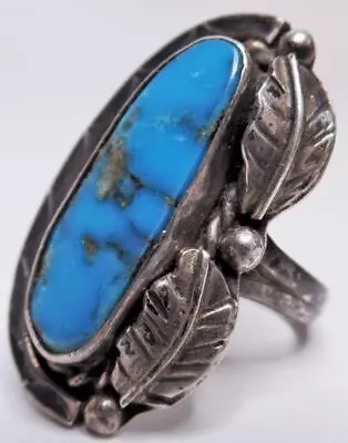 Early Old Pawn Navajo Southwest Long Sterling Feather Morenci Turquoise Ring • $174.99