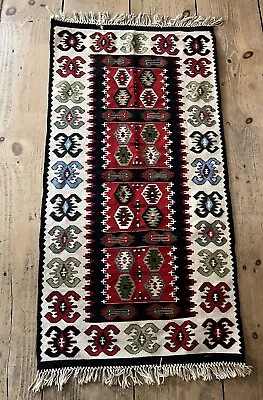 Handmade Vintage Rug Turkish Kilim Geometric Design Flat Weave Wool 52x27 • $49