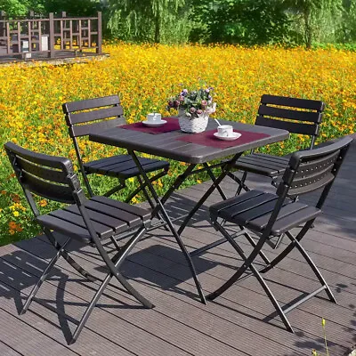 5PCS Folding Wood Grain Garden Table 4 Seater Chairs Set Outdoor Dining Bistro • £149.95